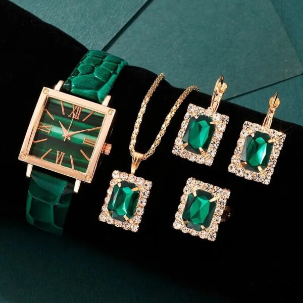 4 Pcs/set Women Watch Vintage Square Pointer Quartz Watch and Rhinestone Jewelry Set Gift