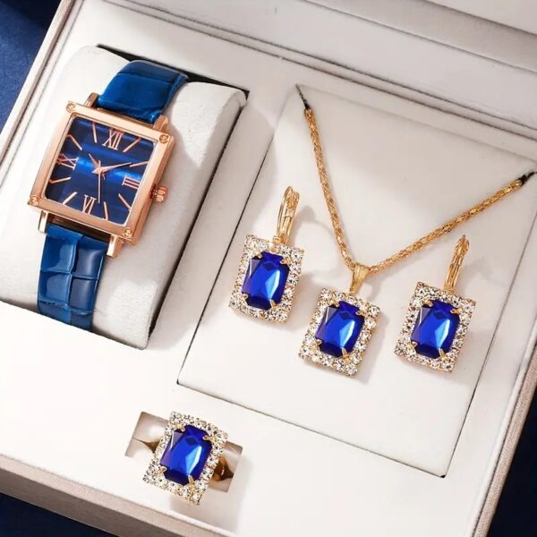 4 Pcs/set Women Watch Vintage Square Pointer Quartz Watch and Rhinestone Jewelry Set Gift