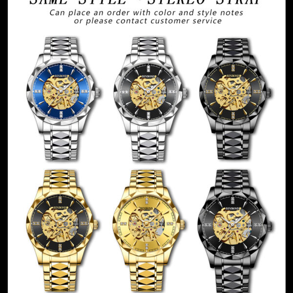 BINBOND Automatic Mechanical Men's Business Watch Hollow Waterproof Luminous Function Stainless Steel Band Wrist Watches