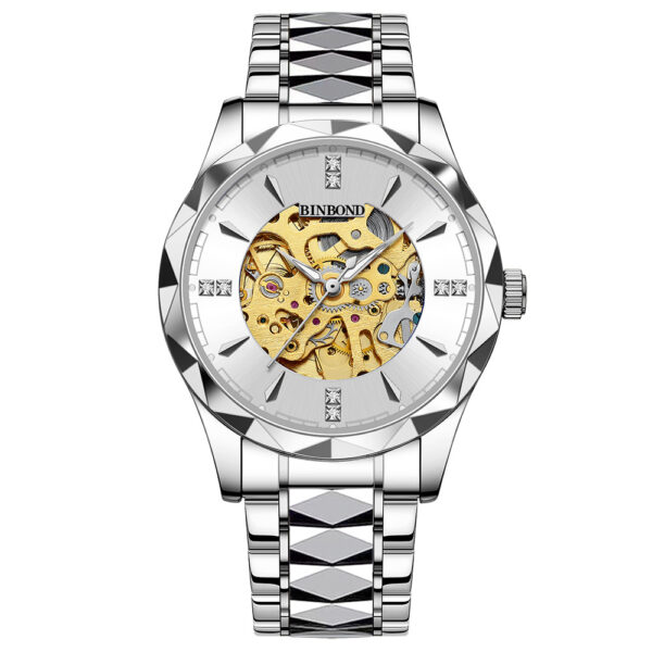 BINBOND Automatic Mechanical Men's Business Watch Hollow Waterproof Luminous Function Stainless Steel Band Wrist Watches