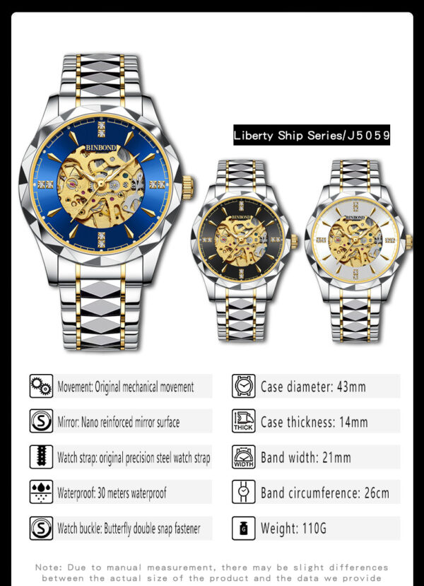 BINBOND Automatic Mechanical Men's Business Watch Hollow Waterproof Luminous Function Stainless Steel Band Wrist Watches