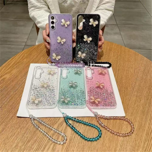 Crystal Bracelet 3D Purple Butterfly Glitter Case for Samsung S25 S24 S23 Plus A15 A25 5g ultra Soft Silicone Cover