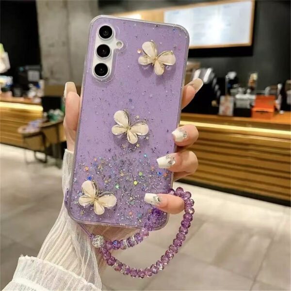 Crystal Bracelet 3D Purple Butterfly Glitter Case for Samsung S25 S24 S23 Plus A15 A25 5g ultra Soft Silicone Cover