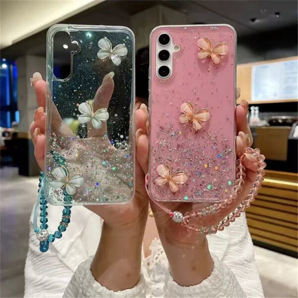 Crystal Bracelet 3D Purple Butterfly Glitter Case for Samsung S25 S24 S23 Plus A15 A25 5g ultra Soft Silicone Cover