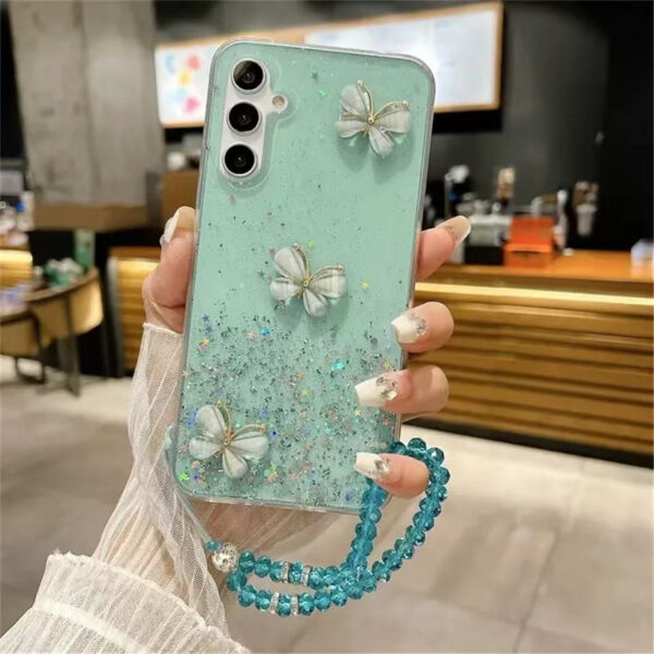 Crystal Bracelet 3D Purple Butterfly Glitter Case for Samsung S25 S24 S23 Plus A15 A25 5g ultra Soft Silicone Cover