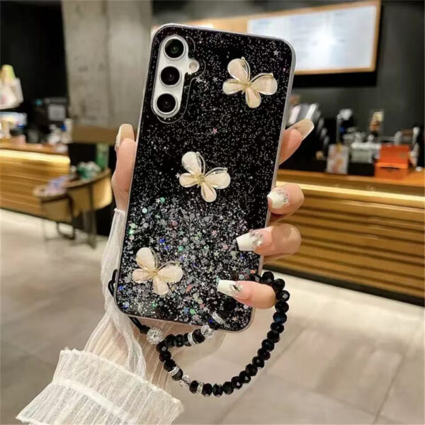 Crystal Bracelet 3D Purple Butterfly Glitter Case for Samsung S25 S24 S23 Plus A15 A25 5g ultra Soft Silicone Cover
