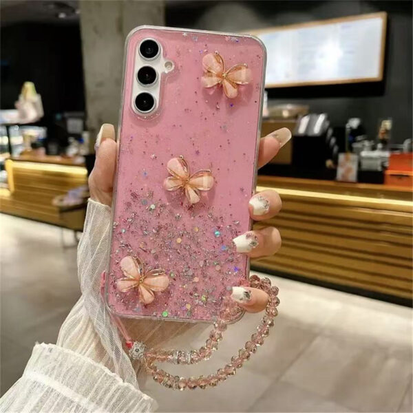 Crystal Bracelet 3D Purple Butterfly Glitter Case for Samsung S25 S24 S23 Plus A15 A25 5g ultra Soft Silicone Cover