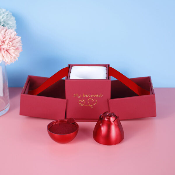 Ever Bright Metal Rose Jewelry Box Creative Lifting Double Ring Necklace Gift Box for Valentine's Day Wedding Rigid for Candles