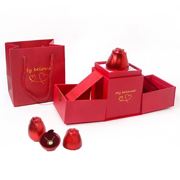 Ever Bright Metal Rose Jewelry Box Creative Lifting Double Ring Necklace Gift Box for Valentine's Day Wedding Rigid for Candles