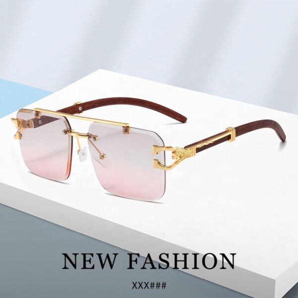 Hot Selling Custom Luxury Designer Men Women Diamond Cutting Frameless square Gradient Sunglasses with Wood Grain Legs