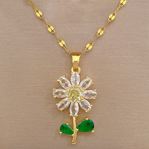 Luxury Stainless Steel Chain Crystal Flower Pendant Necklace Earrings Daisy Flower Necklace for Women Girl Jewelry Set