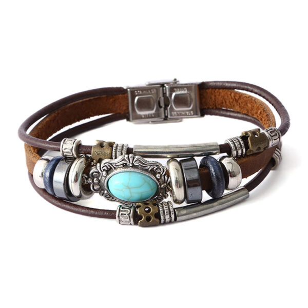 New Retro Fashion Arrival Blue Turquoise Woven Leather Bracelet Adjustable Multi Color Wheel Beads Bracelets