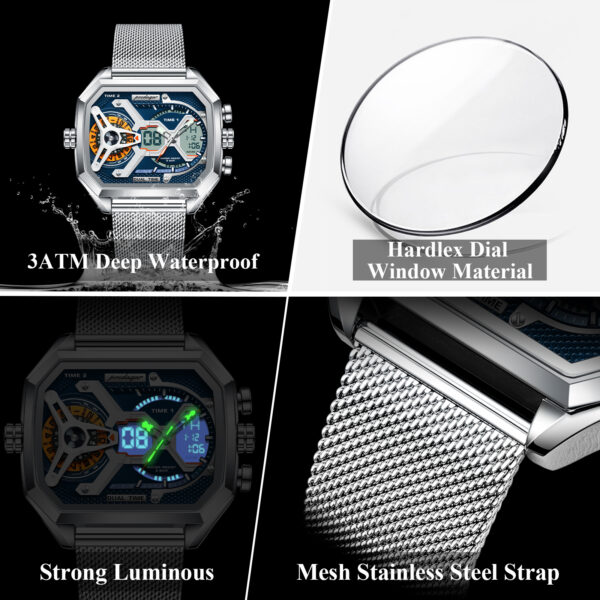 Poedagar Luxury Square Wrist Watch for Men Stainless Steel Mesh Strap Quartz Watches Waterproof Chronograph Mens Watch