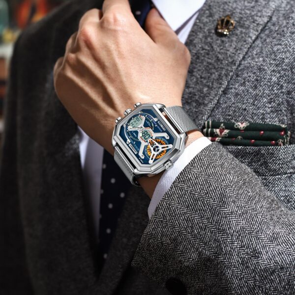 Poedagar Luxury Square Wrist Watch for Men Stainless Steel Mesh Strap Quartz Watches Waterproof Chronograph Mens Watch