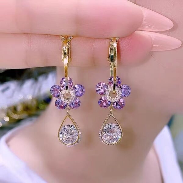 S925 Silver Needle Purple Crystal Flower Earrings Diamond Pendant Earring Cubic Zircon Earring