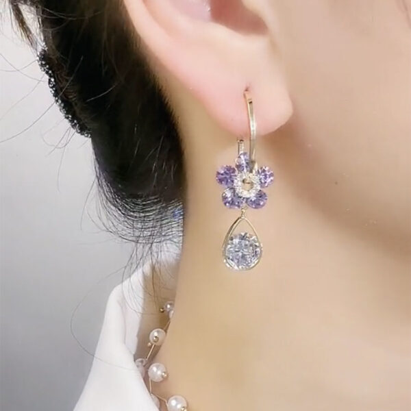 S925 Silver Needle Purple Crystal Flower Earrings Diamond Pendant Earring Cubic Zircon Earring
