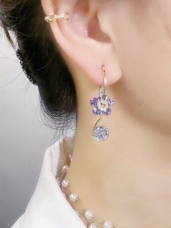 S925 Silver Needle Purple Crystal Flower Earrings Diamond Pendant Earring Cubic Zircon Earring