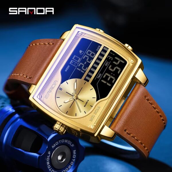 Sanda 6163 Quartz Countdown Quartz Digital Leather Men Electronic Watches Men Stainless Sport Wristwatch Waterproof Watch Reloj