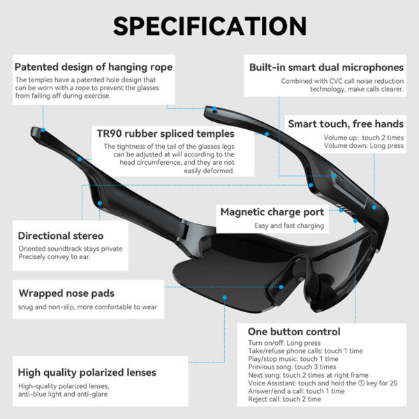 Smart Glasses Bluetooth 5.3 Wireless Stereo Sport Headset Outdoor Sunglasses Speakers With Mic Driving A8 Sunglasses