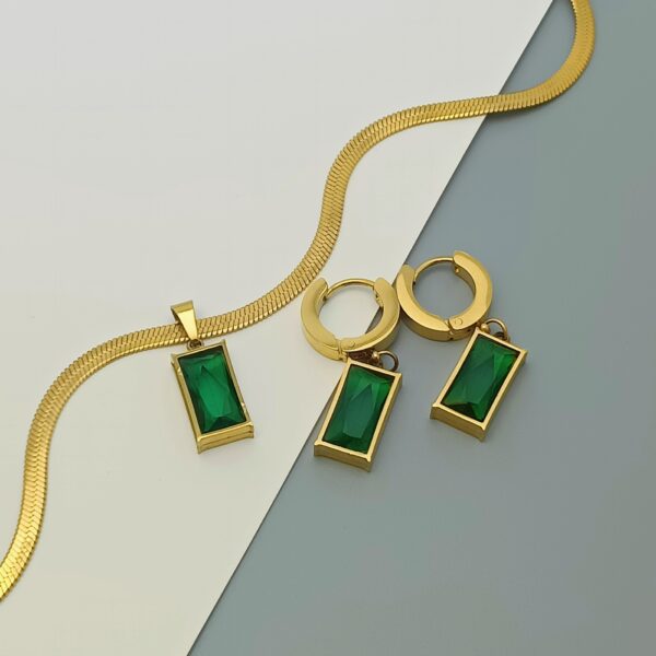 Trend Fashion Luxury Emerald Zircon Square Pendant Necklace Set Gold Plated Stainless Steel Earrings for Wedding