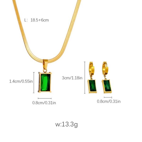 Trend Fashion Luxury Emerald Zircon Square Pendant Necklace Set Gold Plated Stainless Steel Earrings for Wedding