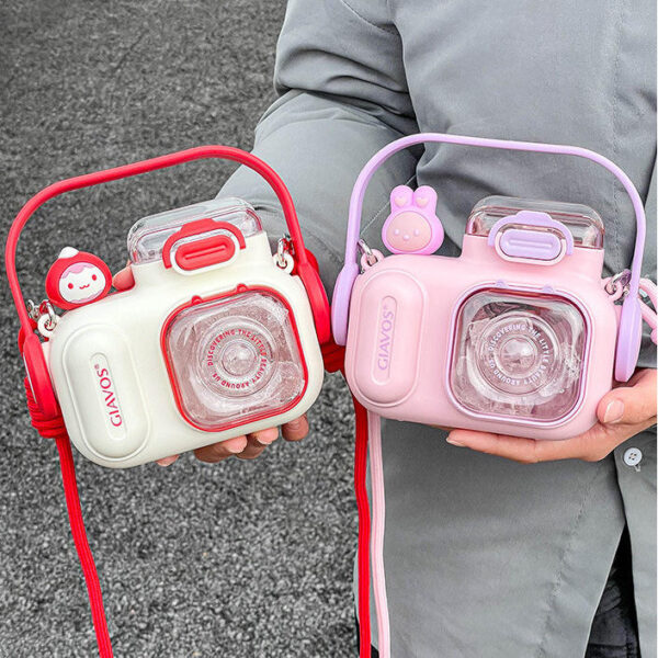 Plastic Water Bottle Kids Kettle Camera Straw Water Bottles Student Strap Cup