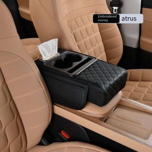 Leather Car Armrest Pillow with Storage & Cup Holder