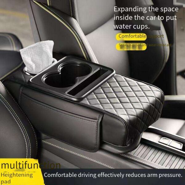 Leather Car Armrest Pillow with Storage & Cup Holder - Image 2