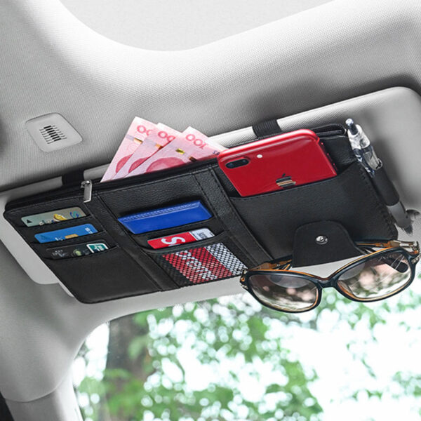 Car Sun Visor Storage – Multi-Pocket Organizer Pouch with Card & Sunglasses Holder