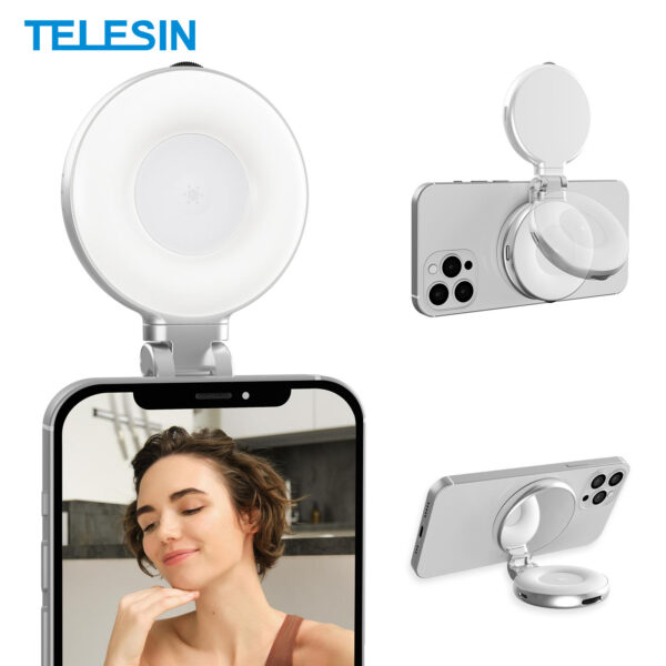 TELESIN Portable Magnetic LED Selfie Ring Light with 360° Rotation & Built-in Makeup Mirror