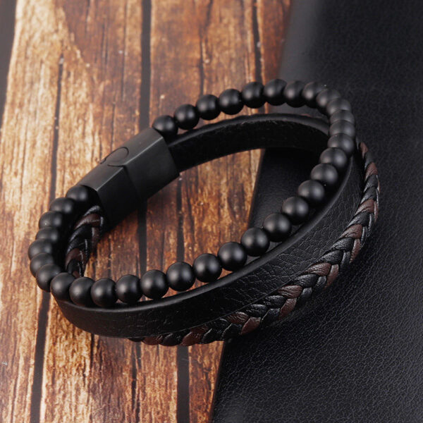 Leather Bracelet Natural Stone Matt Onyx Multilayers Bracelet - Image 4